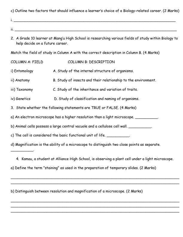 Page 2 – Grade 10 Biology August 2026 Holiday Assignment – Kenyaplex