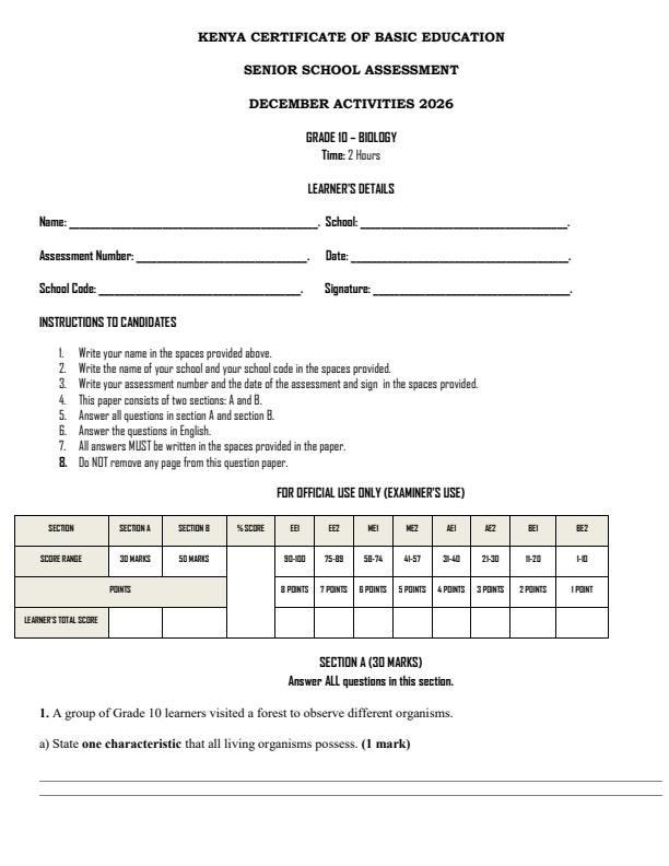 Page 1 – Grade 10 Biology December 2026 Holiday Assignment – Kenyaplex