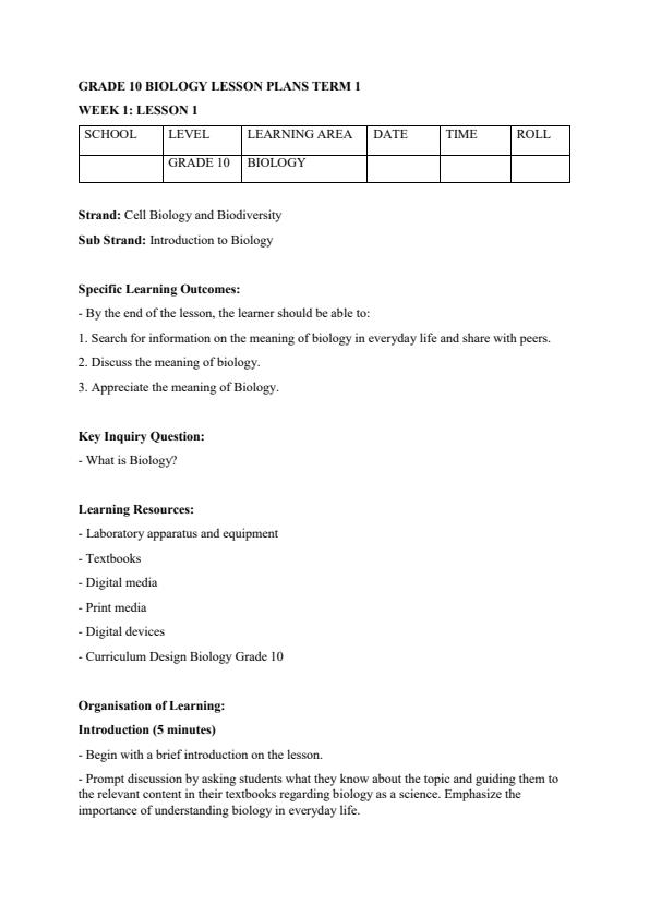 Page 1 – Grade 10 Biology Lesson Plans Term 1 – Kenyaplex