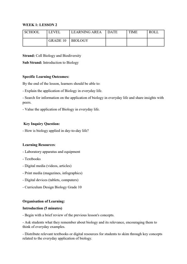 Page 3 – Grade 10 Biology Lesson Plans Term 1 – Kenyaplex