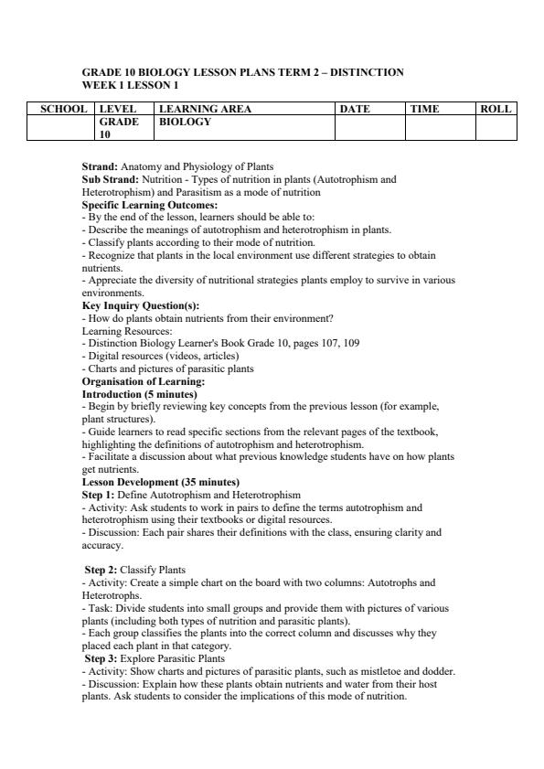 Page 1 – Grade 10 Biology Lesson Plans Term 2 - Distinction – Kenyaplex