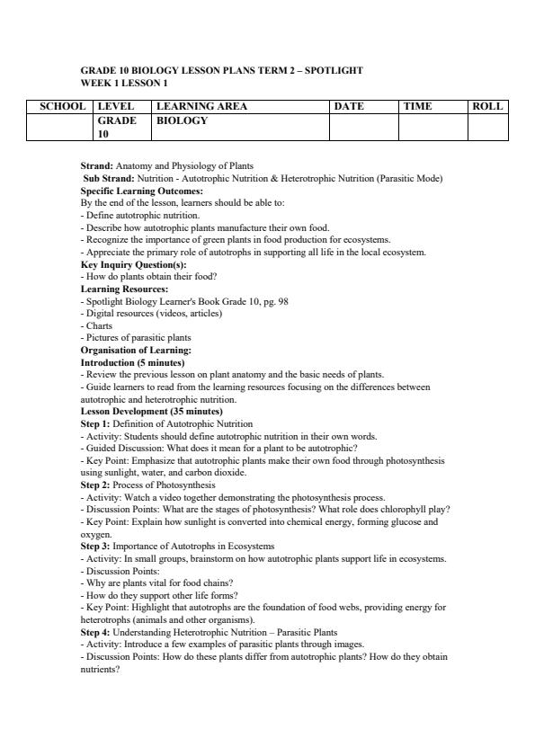 Page 1 – Grade 10 Biology Lesson Plans Term 2 - Spotlight – Kenyaplex