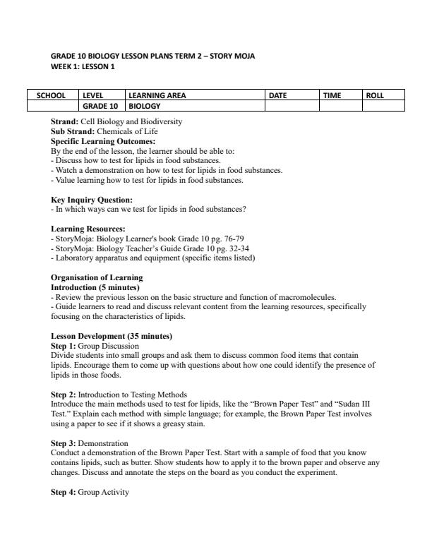 Page 1 – Grade 10 Biology Lesson Plans Term 2 - Storymoja – Kenyaplex