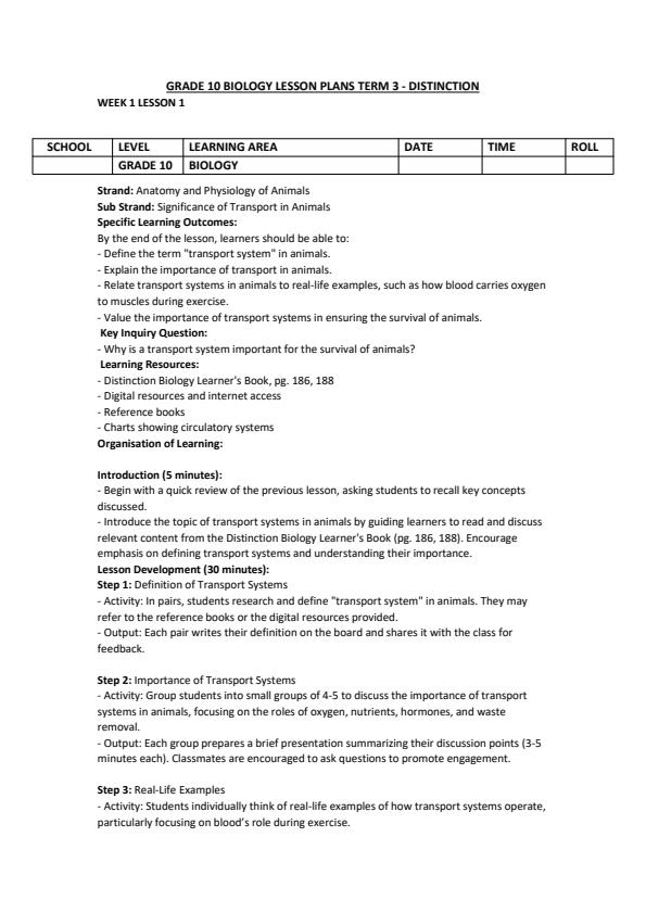Page 1 – Grade 10 Biology Lesson Plans Term 3 - Distinction – Kenyaplex