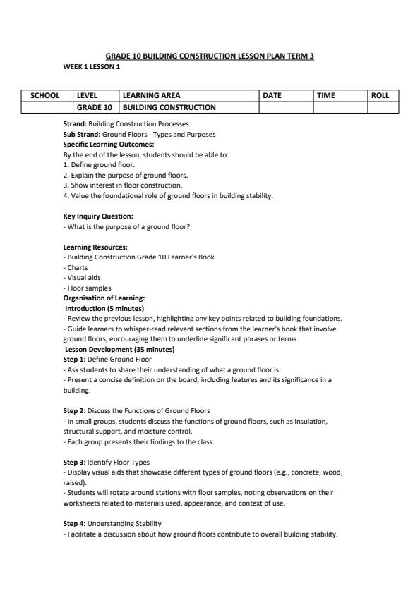 Page 1 – Grade 10 Building Construction Lesson Plans Term 3  – Kenyaplex