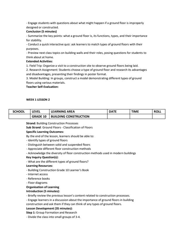 Page 2 – Grade 10 Building Construction Lesson Plans Term 3  – Kenyaplex