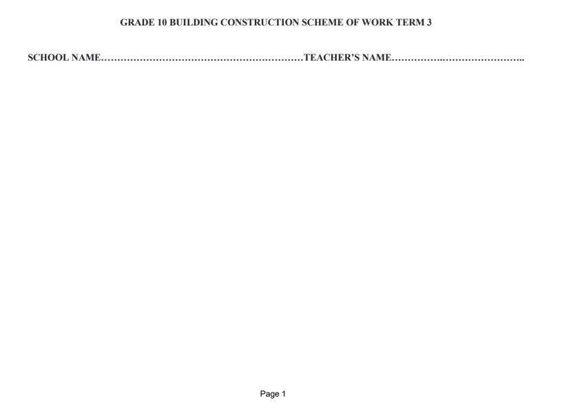 Page 1 – Grade 10 Building Construction Schemes of Work Term 3 – Kenyaplex