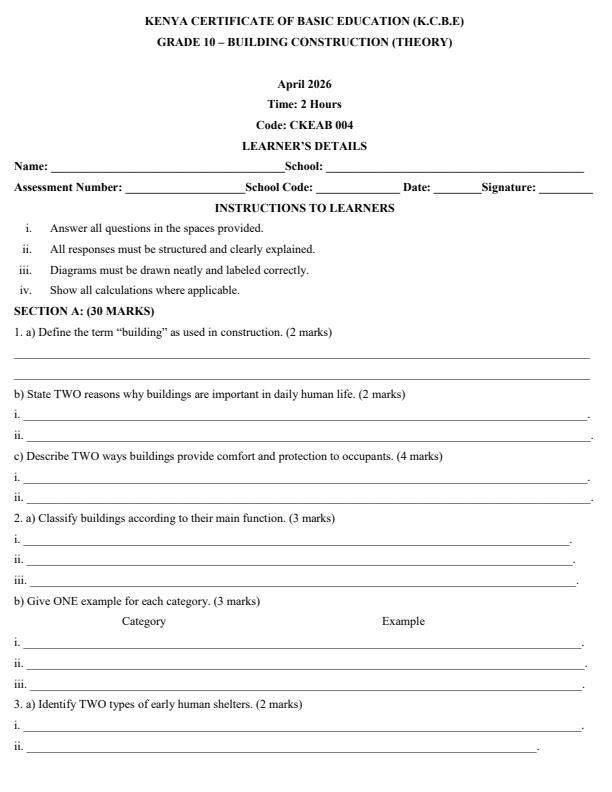 Page 1 – Grade 10 Building Technology April 2026 Holiday Assignment – Kenyaplex