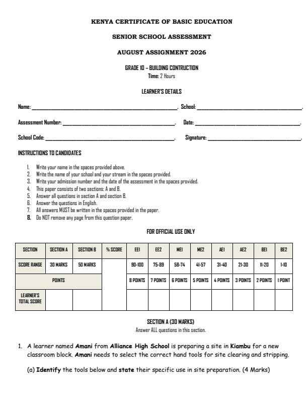 Page 1 – Grade 10 Building and Construction August 2026 Holiday Assignment – Kenyaplex