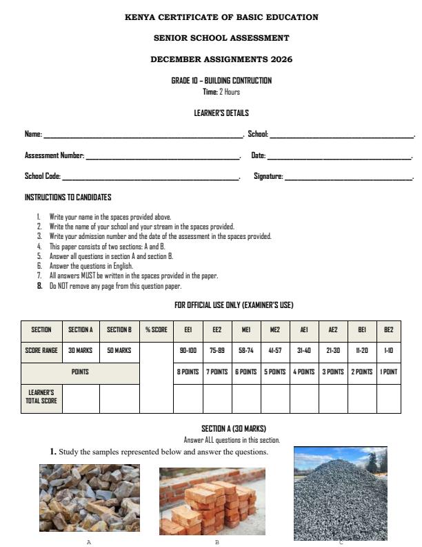 Page 1 – Grade 10 Building and Construction December 2026 Holiday Assignment – Kenyaplex