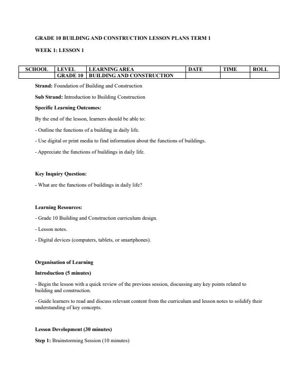 Page 1 – Grade 10 Building and Construction Lesson Plans Term 1 – Kenyaplex