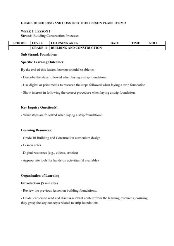 Page 1 – Grade 10 Building and Construction Lesson Plans Term 2 – Kenyaplex
