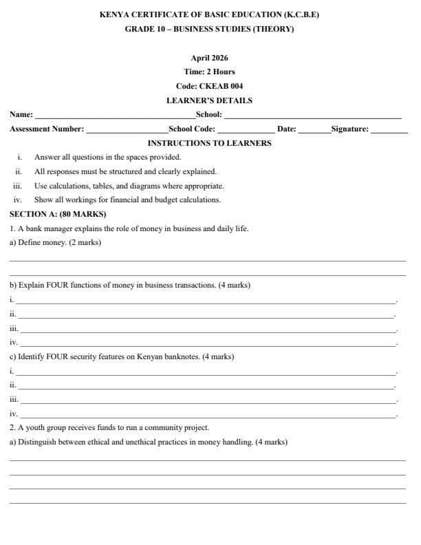 Page 1 – Grade 10 Business Studies April 2026 Holiday Assignment – Kenyaplex