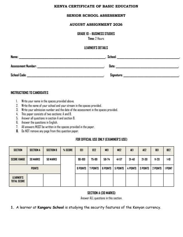 Page 1 – Grade 10 Business Studies August 2026 Holiday Assignment – Kenyaplex