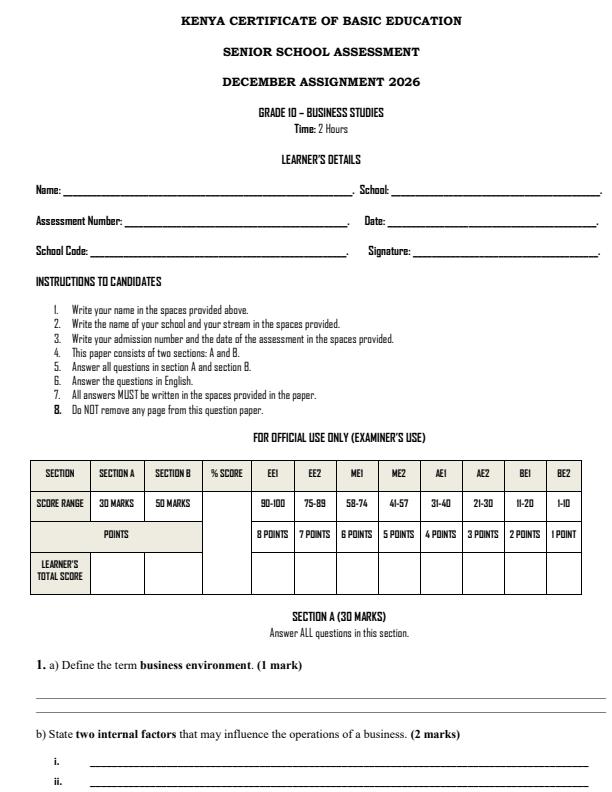 Page 1 – Grade 10 Business Studies December 2026 Holiday Assignment – Kenyaplex