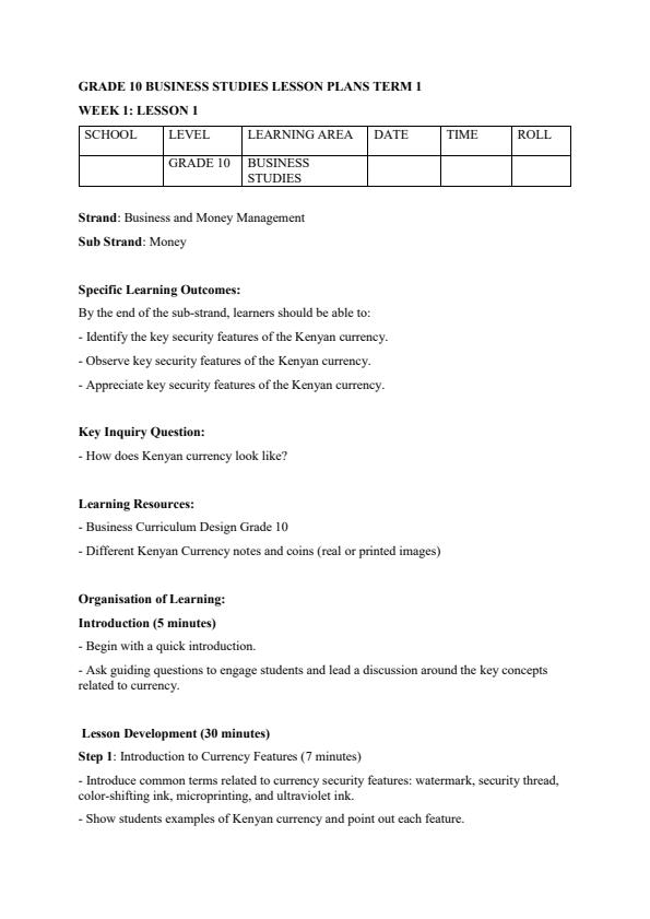 Page 1 – Grade 10 Business Studies Lesson Plans Term 1 – Kenyaplex