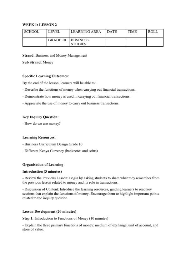 Page 3 – Grade 10 Business Studies Lesson Plans Term 1 – Kenyaplex