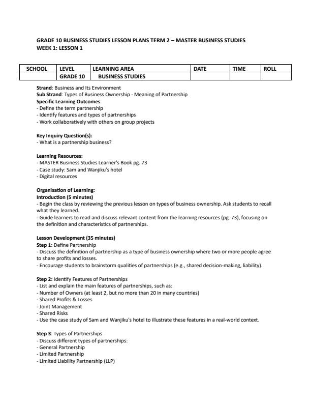 Page 1 – Grade 10 Business Studies Lesson Plans Term 2 - Master Business Studies – Kenyaplex