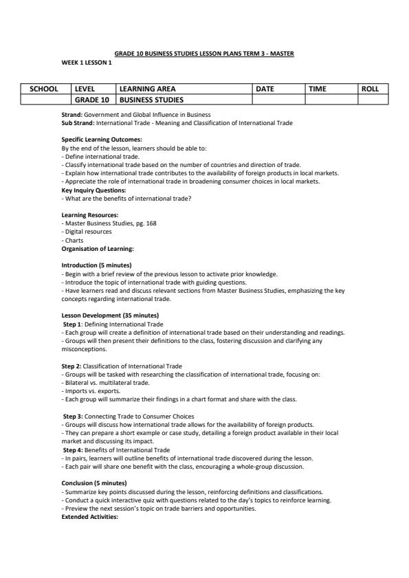 Page 1 – Grade 10 Business Studies Lesson Plans Term 3 - Master – Kenyaplex