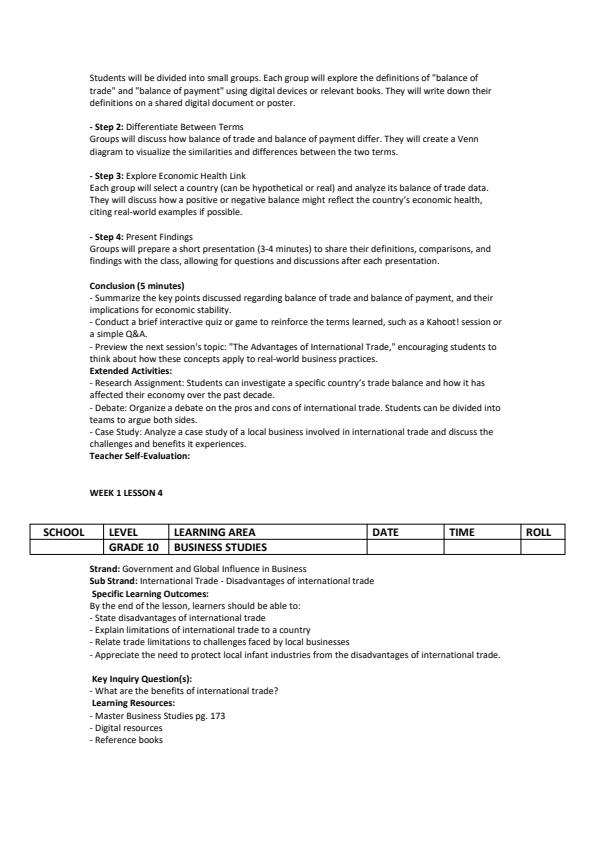 Page 4 – Grade 10 Business Studies Lesson Plans Term 3 - Master – Kenyaplex