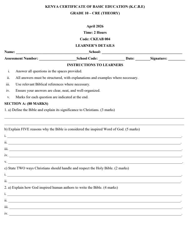 Page 1 – Grade 10 CRE April 2026 Holiday Assignment – Kenyaplex