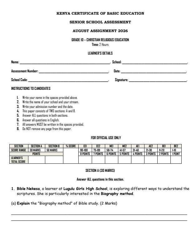 Page 1 – Grade 10 CRE August 2026 Holiday Assignment – Kenyaplex