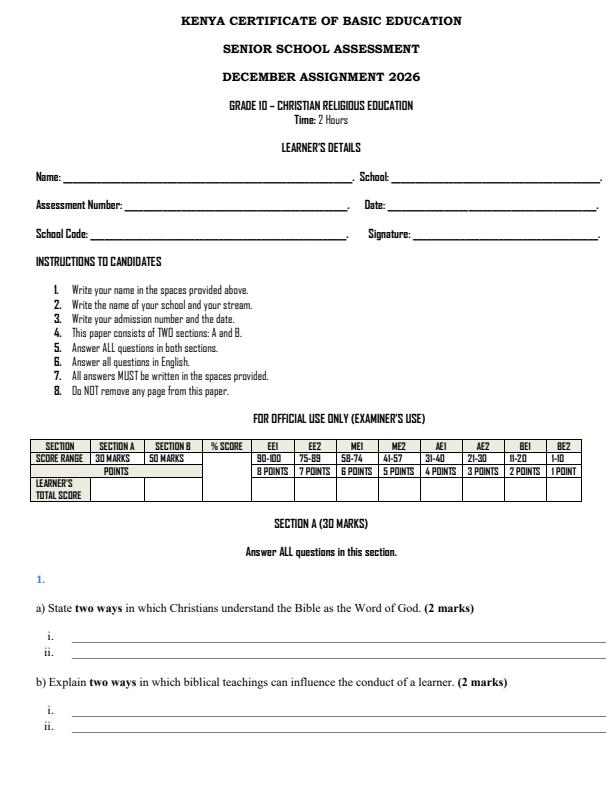 Page 1 – Grade 10 CRE December 2026 Holiday Assignment – Kenyaplex