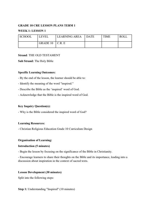 Page 1 – Grade 10 CRE Lesson Plans Term 1 – Kenyaplex