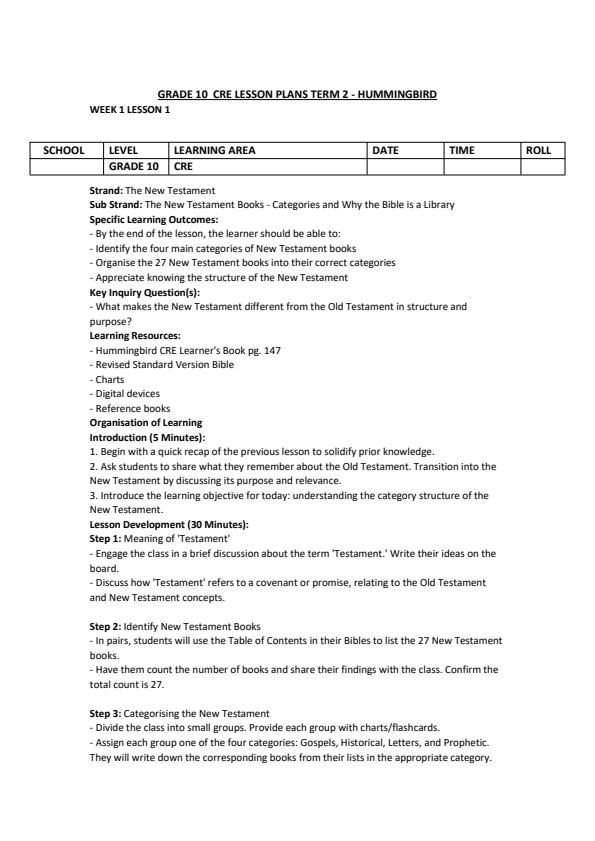 Page 1 – Grade 10 CRE Lesson Plans Term 2 - Hummingbird – Kenyaplex