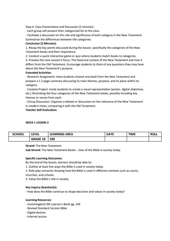 Page 2 – Grade 10 CRE Lesson Plans Term 2 - Hummingbird – Kenyaplex