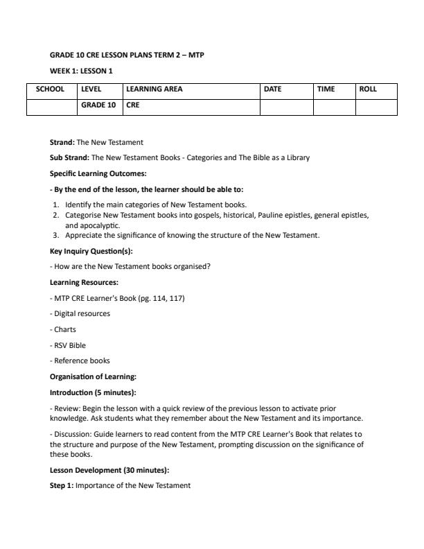 Page 1 – Grade 10 CRE Lesson Plans Term 2 - MTP – Kenyaplex
