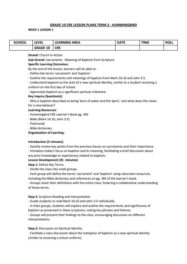 Page 1 – Grade 10 CRE Lesson Plans Term 3 - Hummingbird – Kenyaplex