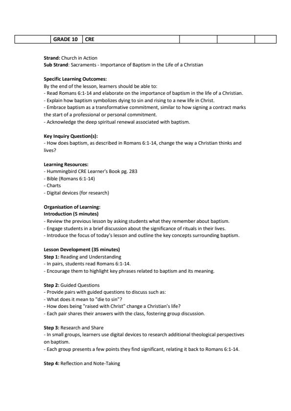 Page 4 – Grade 10 CRE Lesson Plans Term 3 - Hummingbird – Kenyaplex