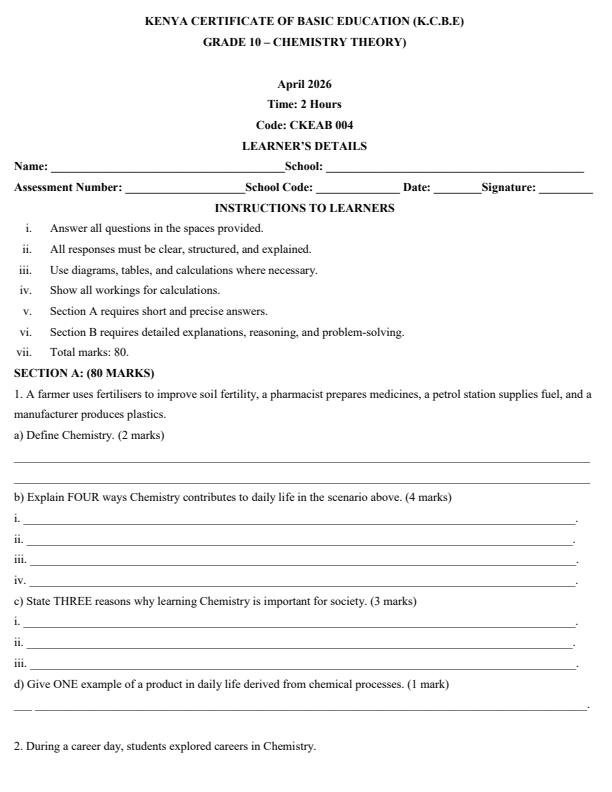Page 1 – Grade 10 Chemistry April 2026 Holiday Assignment – Kenyaplex