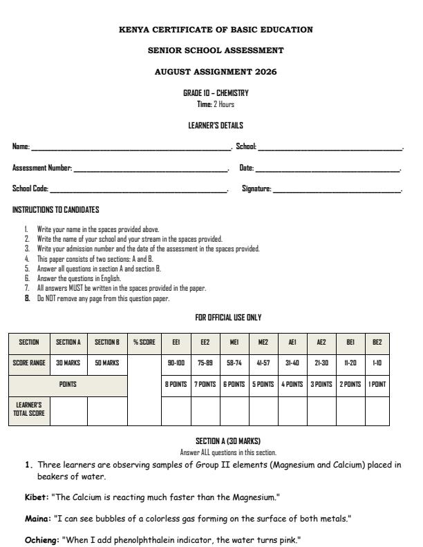 Page 1 – Grade 10 Chemistry August 2026 Holiday Assignment – Kenyaplex
