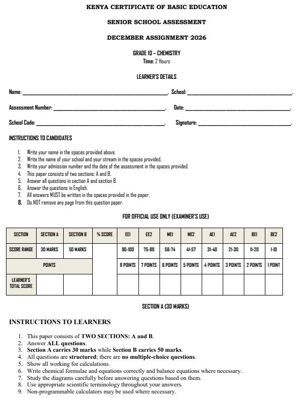Page 1 – Grade 10 Chemistry December 2026 Holiday Assignment – Kenyaplex