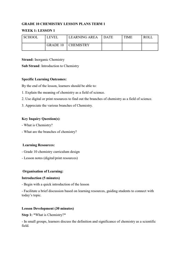 Page 1 – Grade 10 Chemistry Lesson Plans Term 1 – Kenyaplex