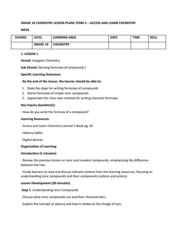 Page 1 – Grade 10 Chemistry Lesson Plans Term 2 - Access and Learn Chemistry – Kenyaplex