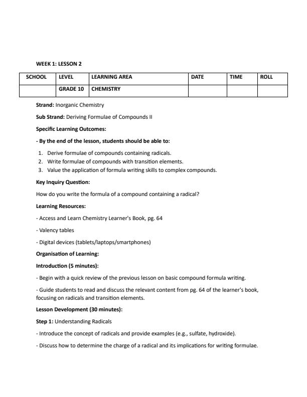Page 4 – Grade 10 Chemistry Lesson Plans Term 2 - Access and Learn Chemistry – Kenyaplex