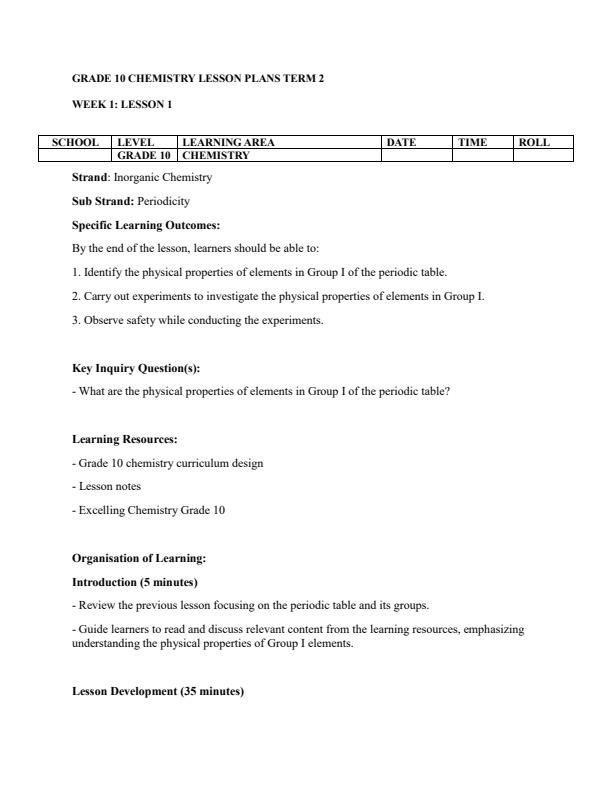 Page 1 – Grade 10 Chemistry Lesson Plans Term 2 – Kenyaplex