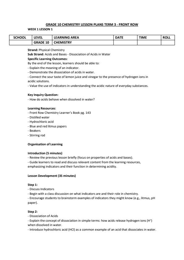 Page 1 – Grade 10 Chemistry Lesson Plans Term 3 - Front Row – Kenyaplex