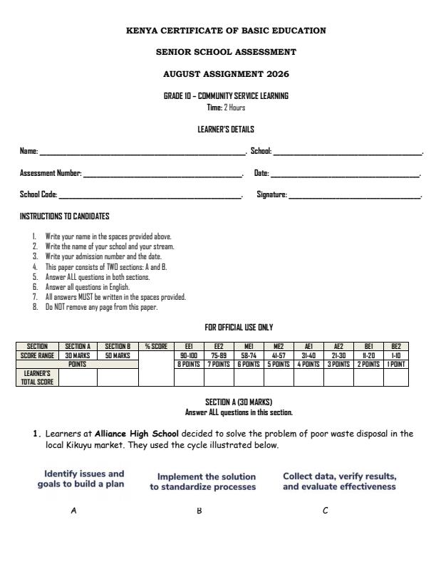 Page 1 – Grade 10 Community Service Learning August 2026 Holiday Assignment – Kenyaplex