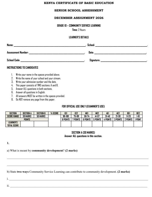 Page 1 – Grade 10 Community Service Learning December 2026 Holiday Assignment – Kenyaplex