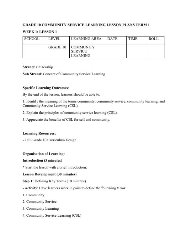Page 1 – Grade 10 Community Service Learning Lesson Plans Term 1 – Kenyaplex