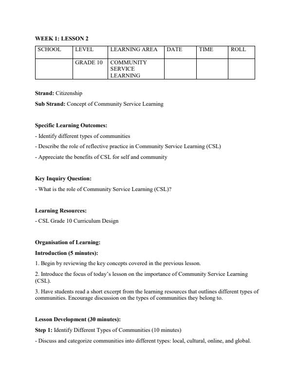 Page 4 – Grade 10 Community Service Learning Lesson Plans Term 1 – Kenyaplex