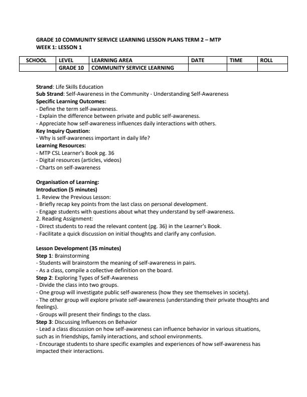 Page 1 – Grade 10 Community Service Learning Lesson Plans Term 2 - MTP – Kenyaplex