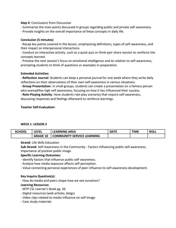 Page 2 – Grade 10 Community Service Learning Lesson Plans Term 2 - MTP – Kenyaplex