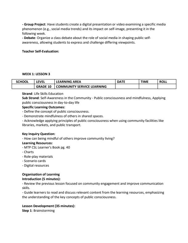 Page 4 – Grade 10 Community Service Learning Lesson Plans Term 2 - MTP – Kenyaplex