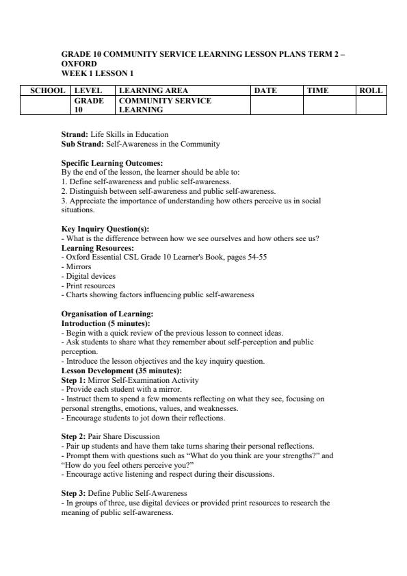 Page 1 – Grade 10 Community Service Learning Lesson Plans Term 2 - Oxford – Kenyaplex