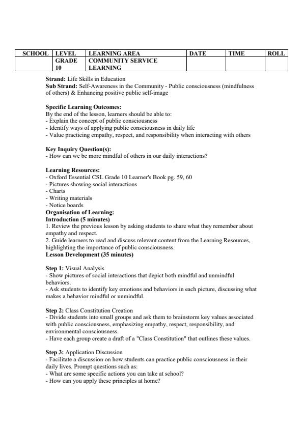 Page 4 – Grade 10 Community Service Learning Lesson Plans Term 2 - Oxford – Kenyaplex